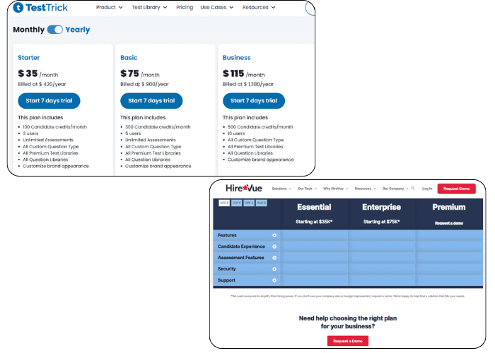 TestTrick Pricing Vs HireVue Pricing