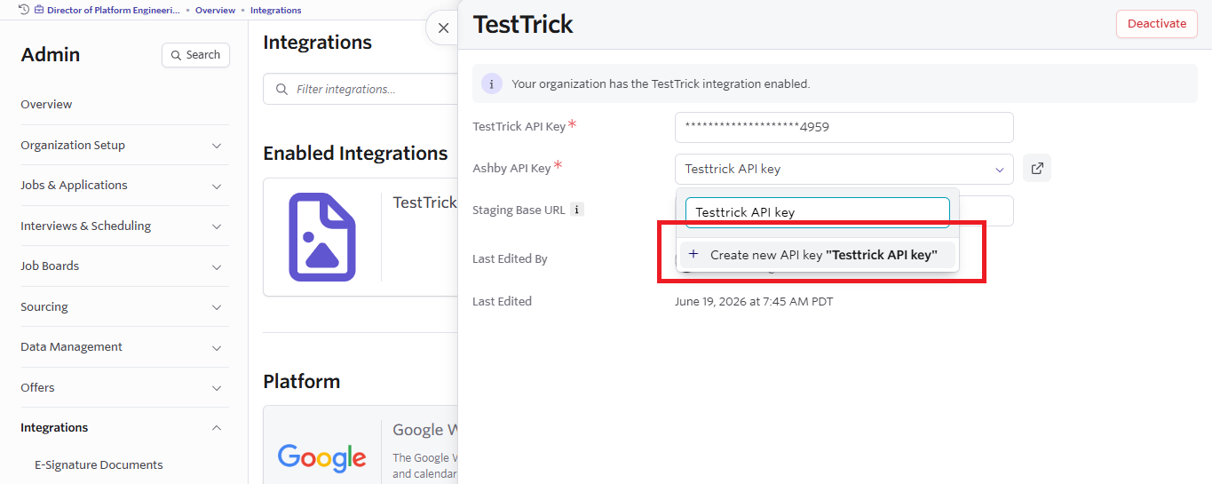TestTrick Ashby Integration Step 2 — Configure in Ashby