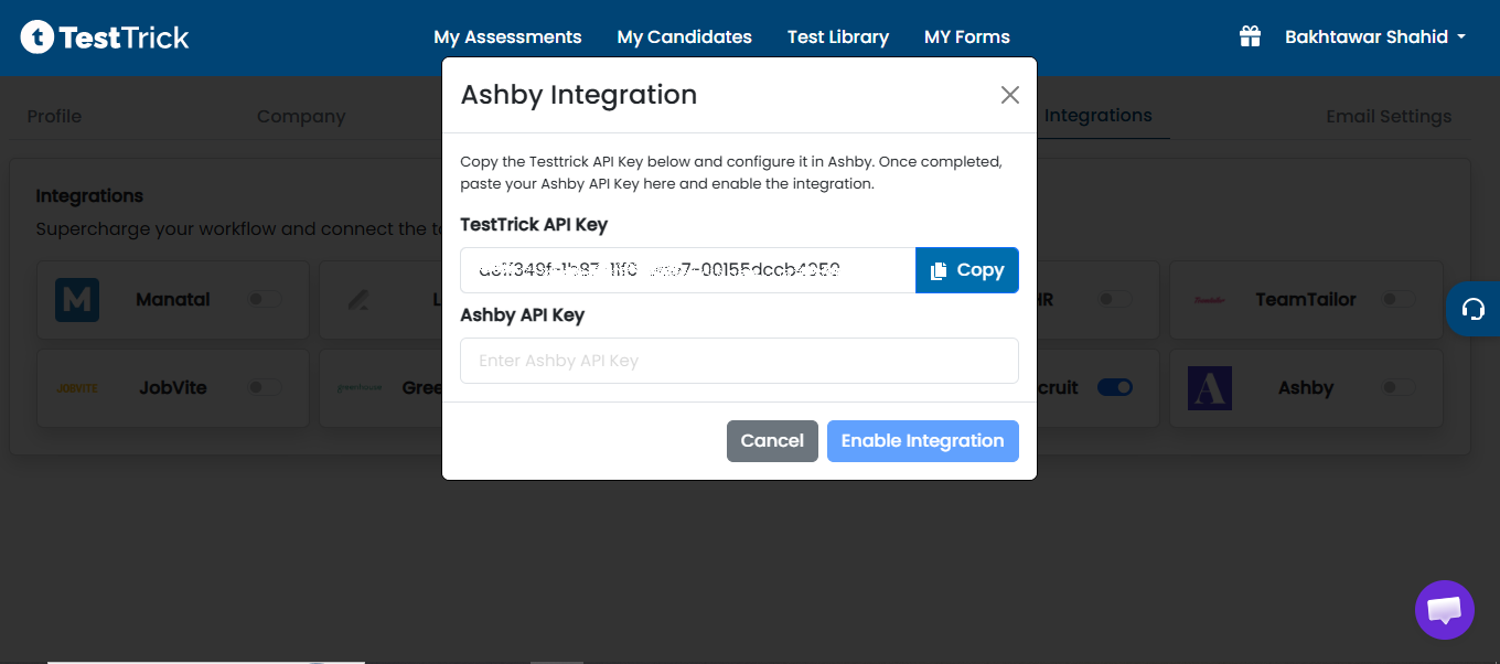 TestTrick Ashby Integration Step 1 — API Key
