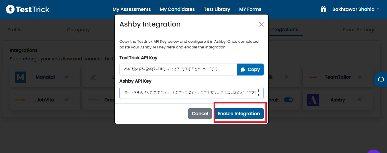 TestTrick Ashby Integration Step 3 — Enable Integration