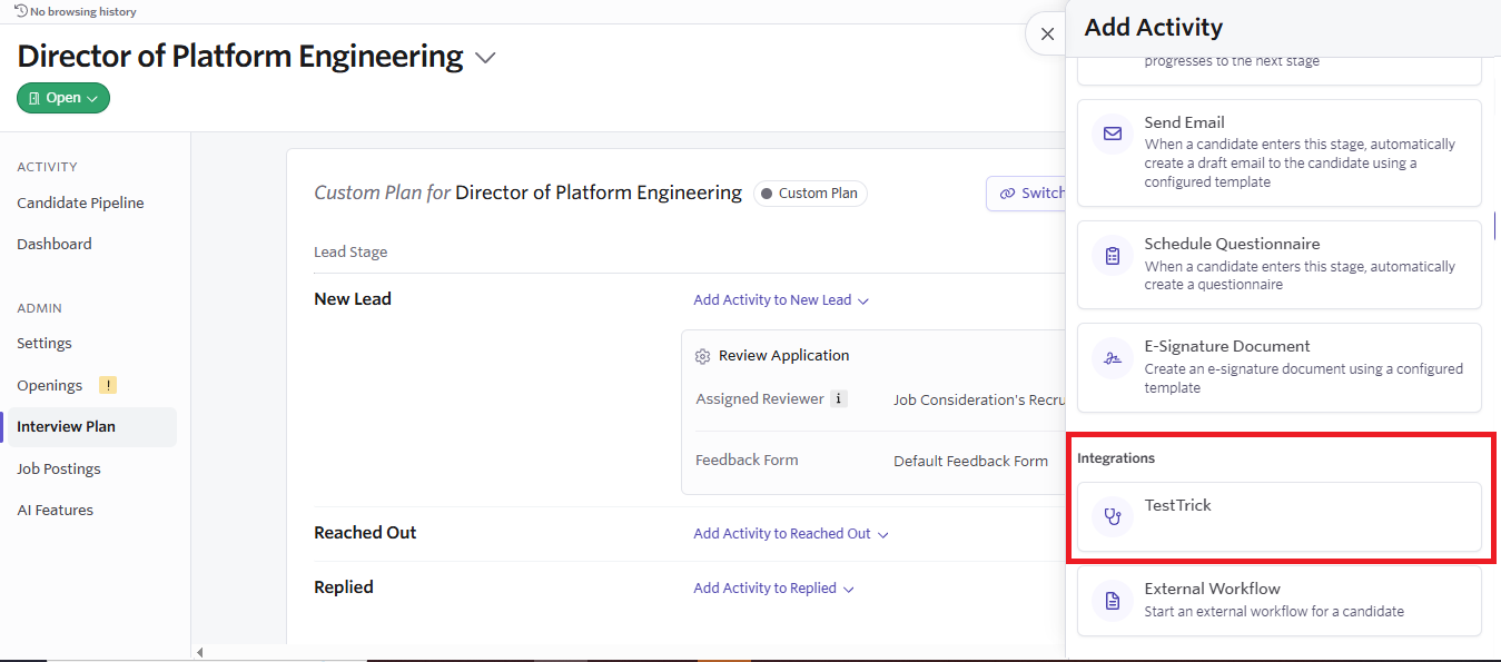 TestTrick Ashby Integration — Selecting Testtrick under Integrations