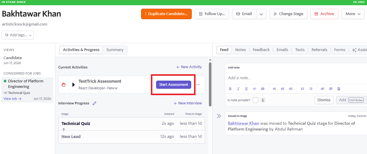 TestTrick Ashby Integration — Start Assessment button on candidate profile