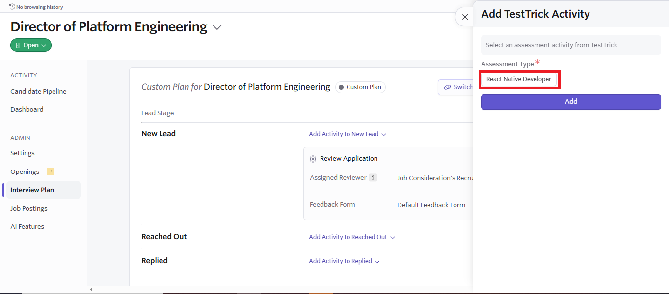 TestTrick Ashby Integration — Selecting Testtrick under Integrations