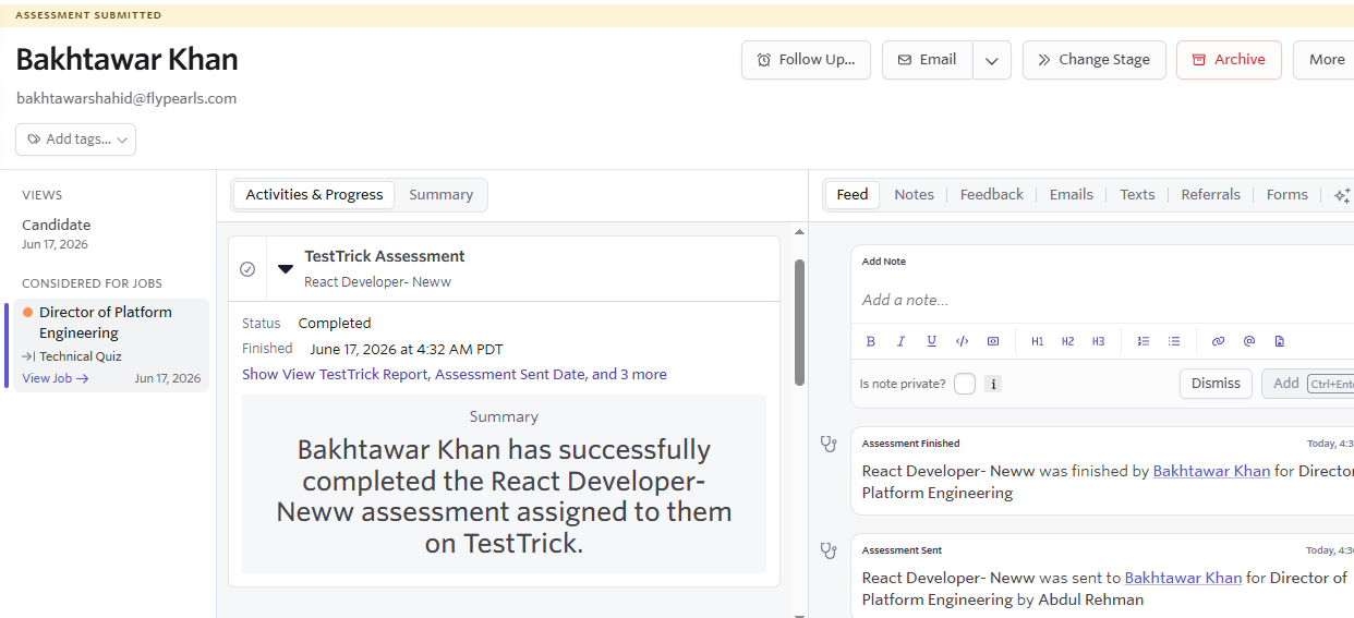 TestTrick Ashby Integration — Completed assessment with scores and report link