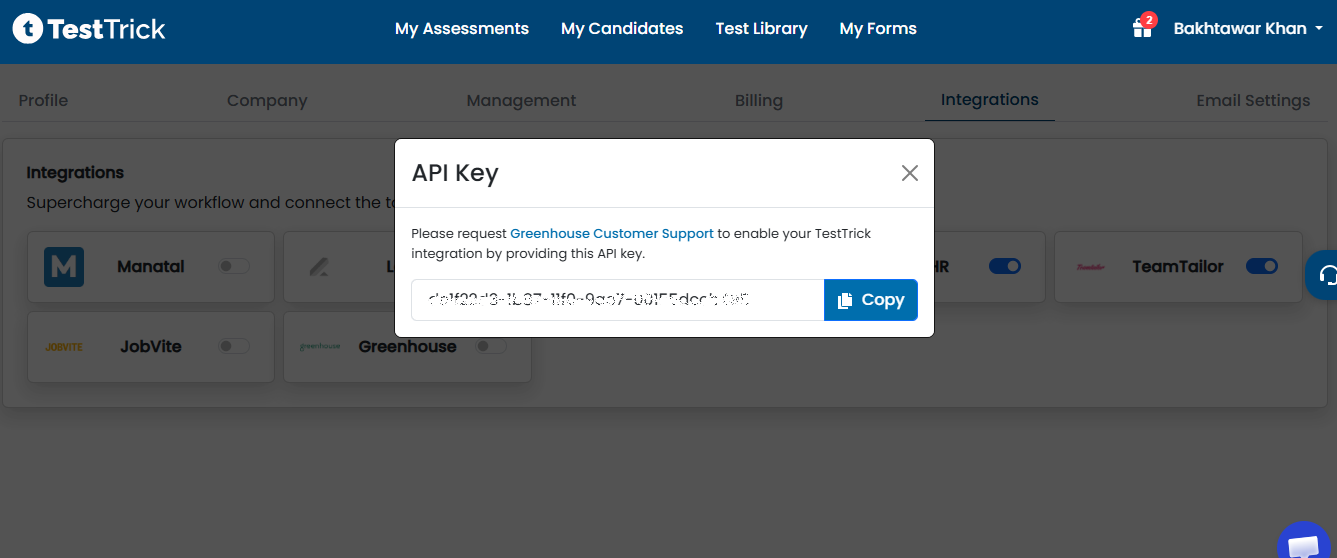 TestTrick Greenhouse Integration Step 2